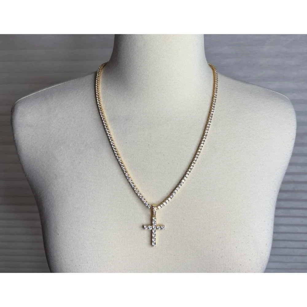 The Gld Shop Yellow Gold Diamond Cross Pendant and‎ Diamond Tennis Necklace